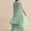 Blue Pleated Drape Skirt And Embellished Cape With Tassels