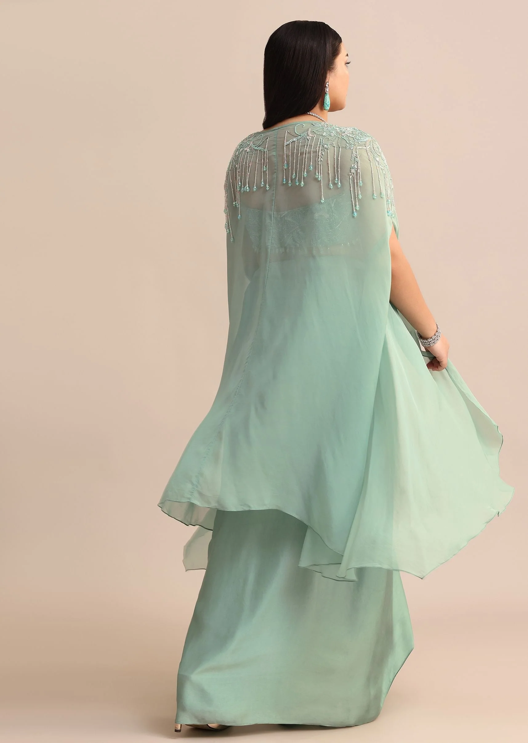 Blue Pleated Drape Skirt And Embellished Cape With Tassels
