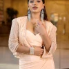 Light Peach Pleated Blouse With Short Jacket And Draped Frill Skirt