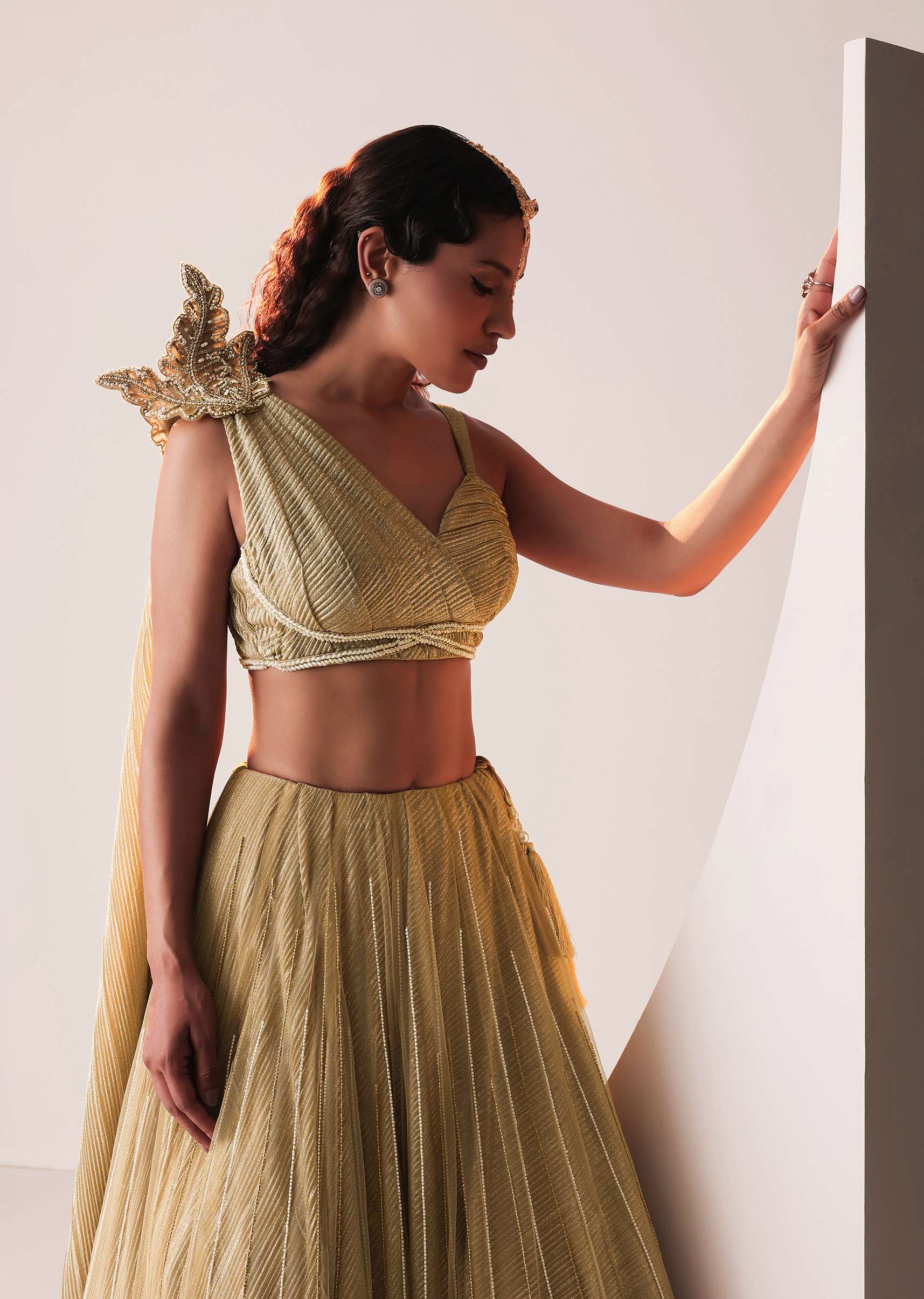 Glam Gold Embroidered Lehenga Set In Knit Stretchable Fabric