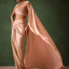 Peach Brocade Draped Skirt With Pleated One Shoulder Blouse