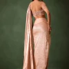 Peach Brocade Draped Skirt With Pleated One Shoulder Blouse