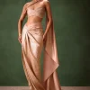 Peach Brocade Draped Skirt With Pleated One Shoulder Blouse