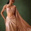Peach Brocade Draped Skirt With Pleated One Shoulder Blouse