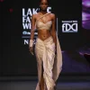 Peach Brocade Draped Skirt With Pleated One Shoulder Blouse