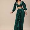 Pine Green Embroidered Blouse And Drape Skirt