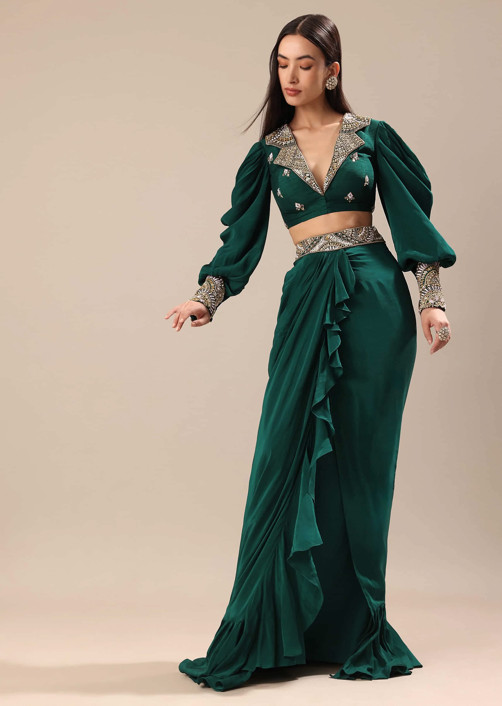 15086-pine-green-embroidered-blouse-and-drape-skirt-1.jpg Pine Green Embroidered Blouse And Drape Skirt