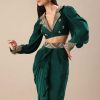 Pine Green Embroidered Blouse And Drape Skirt
