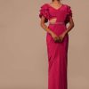 Pink Indo-western Saree And Layered Sleeves Blouse Set In Crepe