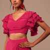 Pink Indo-western Saree And Layered Sleeves Blouse Set In Crepe