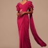 Pink Indo-western Saree And Layered Sleeves Blouse Set In Crepe