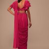 Pink Indo-western Saree And Layered Sleeves Blouse Set In Crepe