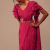 Pink Indo-western Saree And Layered Sleeves Blouse Set In Crepe