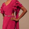 Pink Indo-western Saree And Layered Sleeves Blouse Set In Crepe