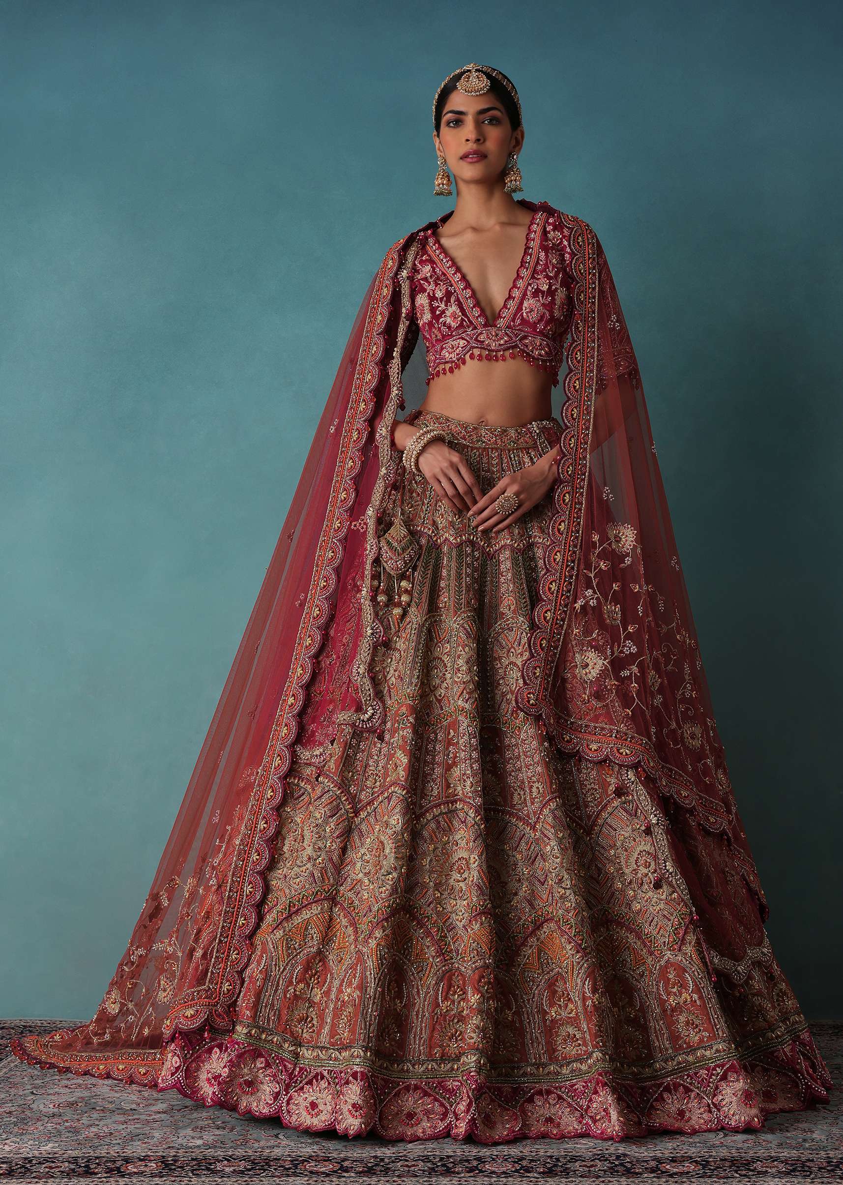 Rust Orange Embroidered Bridal Lehenga Set With Aari Work