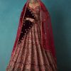 Brick Red Velvet Bridal Lehenga Set With Aari Work