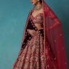 Brick Red Velvet Bridal Lehenga Set With Aari Work