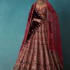 Brick Red Velvet Bridal Lehenga Set With Aari Work