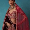 Brick Red Velvet Bridal Lehenga Set With Aari Work
