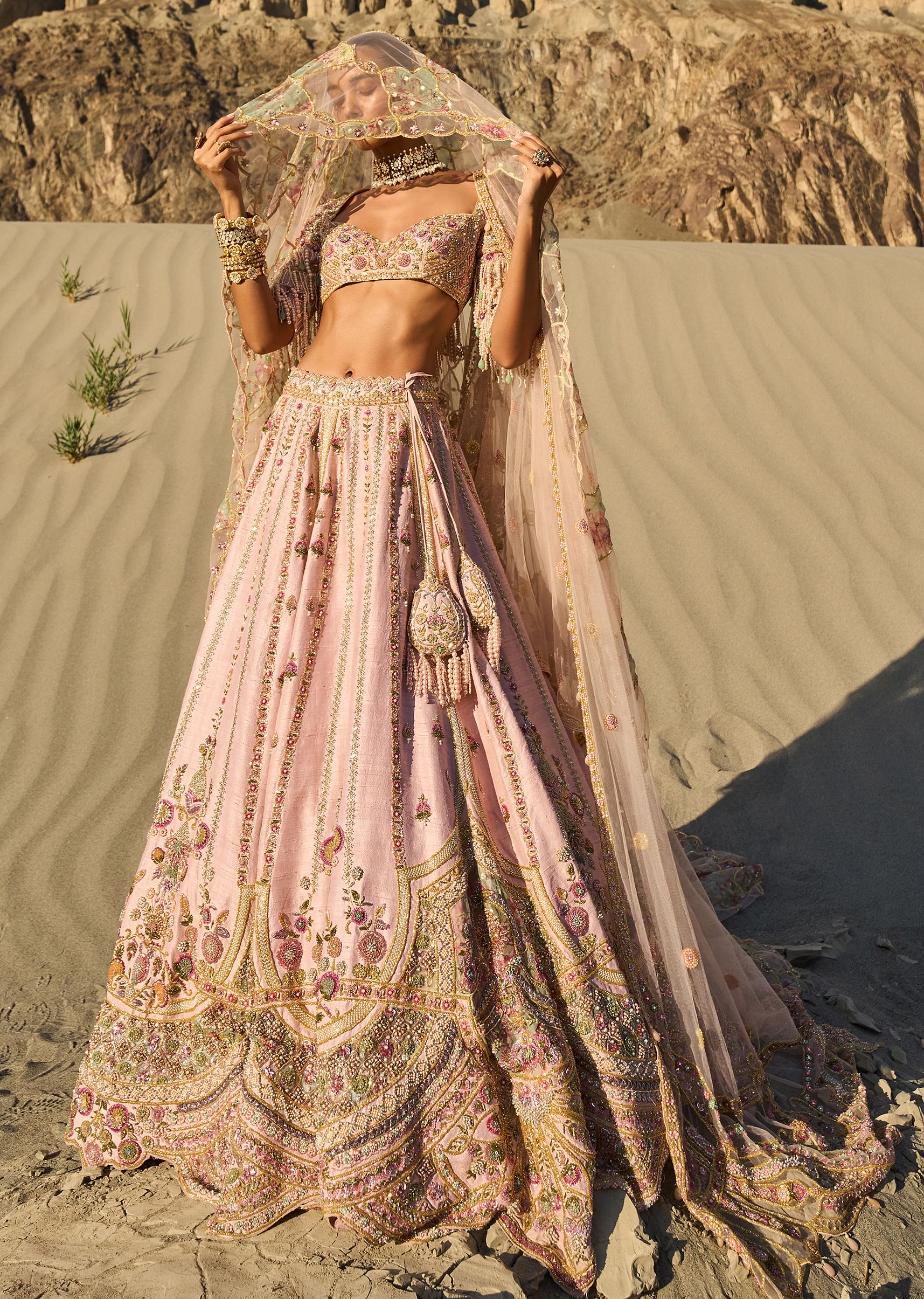 15169-pink-embroidered-butti-work-bridal-lehenga-with-two-dupattas-1.jpg Pink Embroidered Butti Work Bridal Lehenga With Two Dupattas