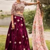 Maroon Embroidered Velvet Lehenga And Blouse With Dupatta