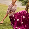 Maroon Embroidered Velvet Lehenga And Blouse With Dupatta