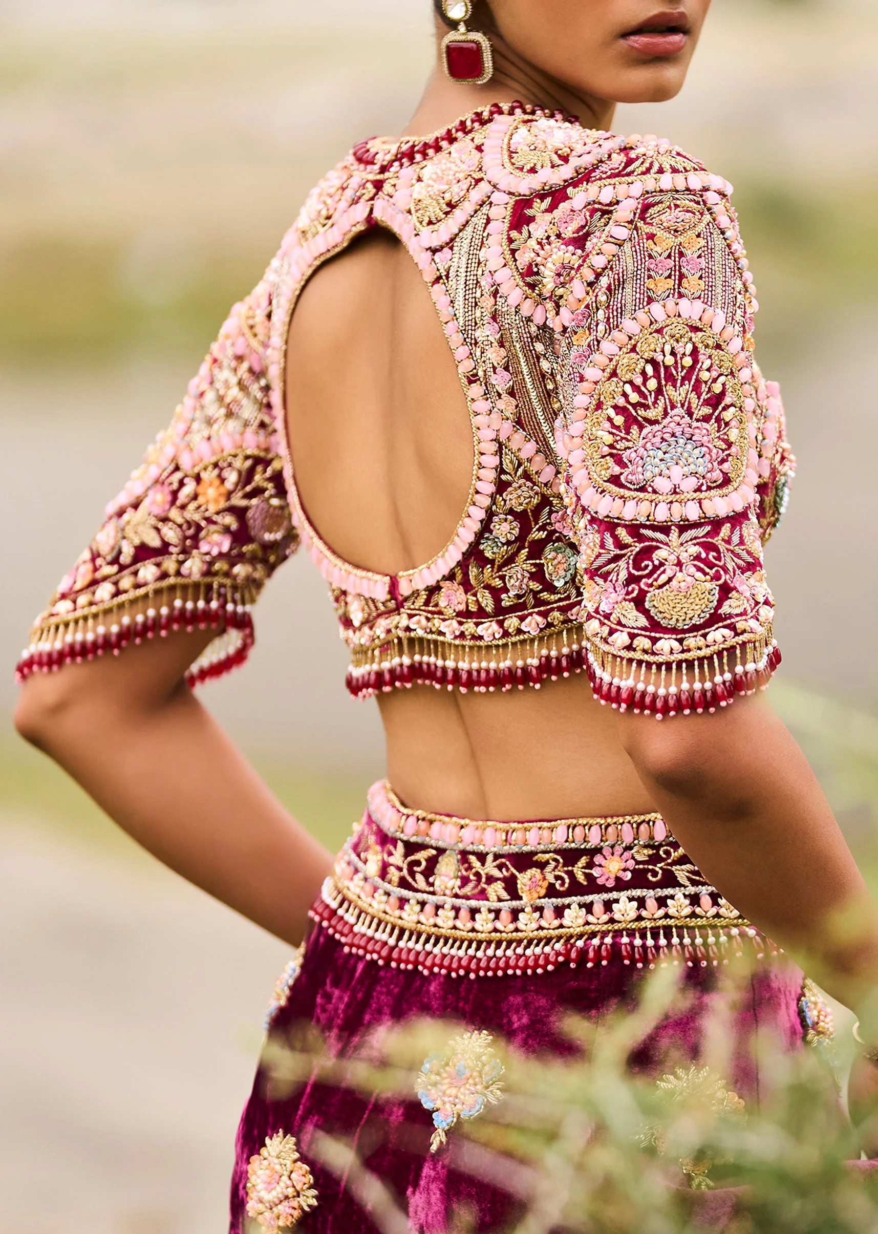 Maroon Embroidered Velvet Lehenga And Blouse With Dupatta