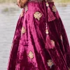 Maroon Embroidered Velvet Lehenga And Blouse With Dupatta