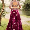 Maroon Embroidered Velvet Lehenga And Blouse With Dupatta