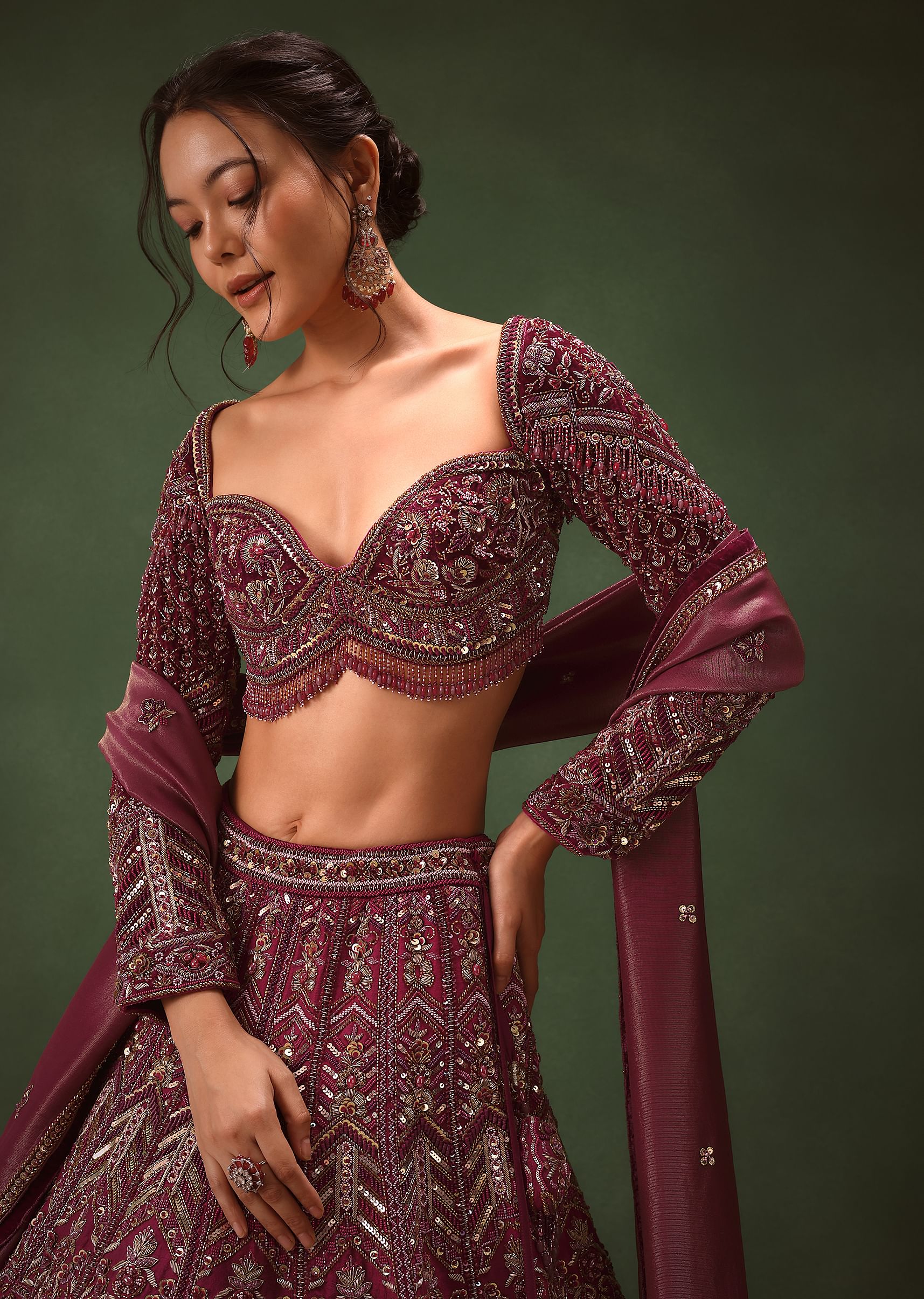 Magenta Embroidered Bridal Lehenga With Full Sleeves Blouse And Dupatta