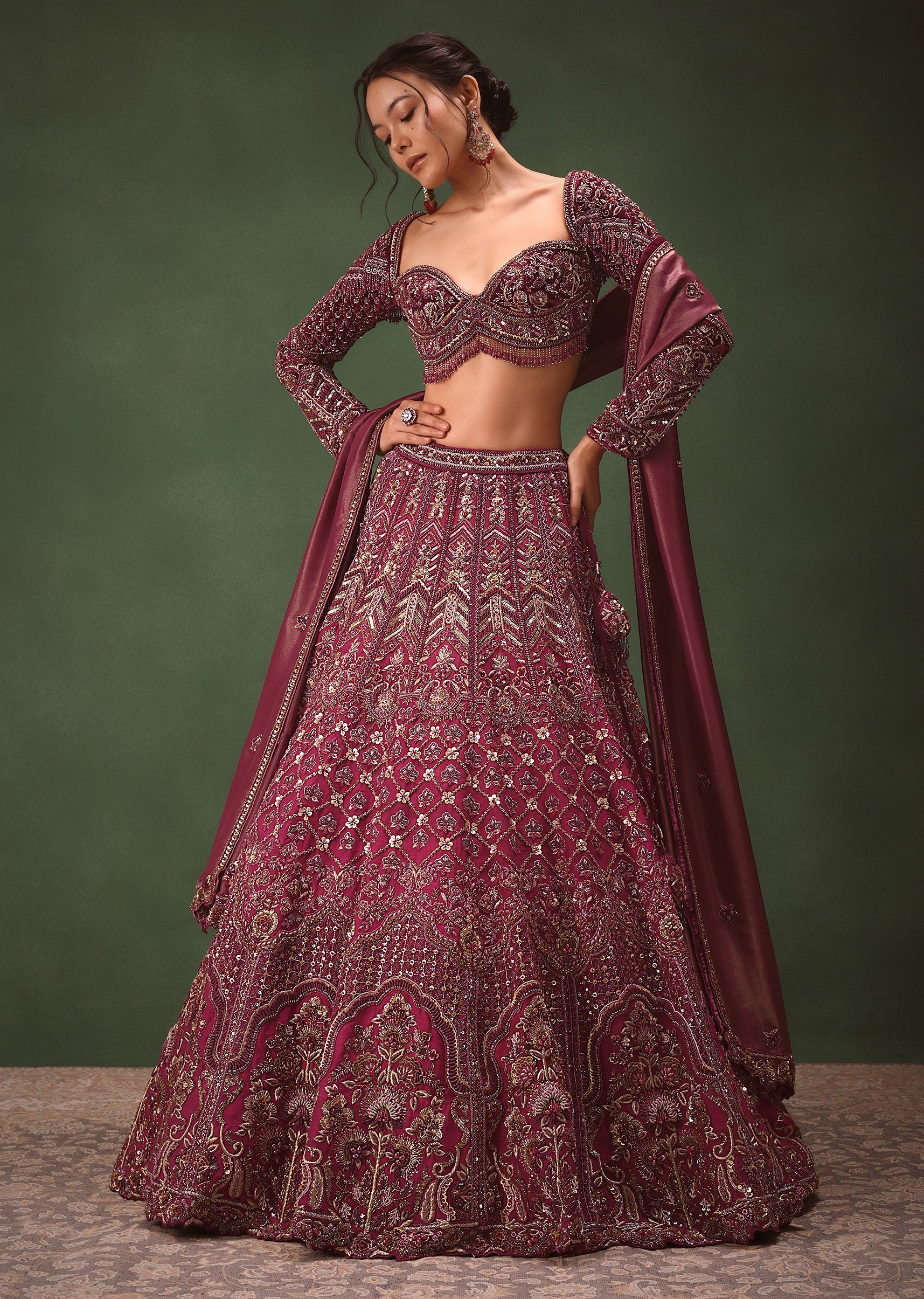 15235-standard-size-us-0-standard-size-us-0-variation-1.jpg Magenta Embroidered Bridal Lehenga With Full Sleeves Blouse And Dupatta
