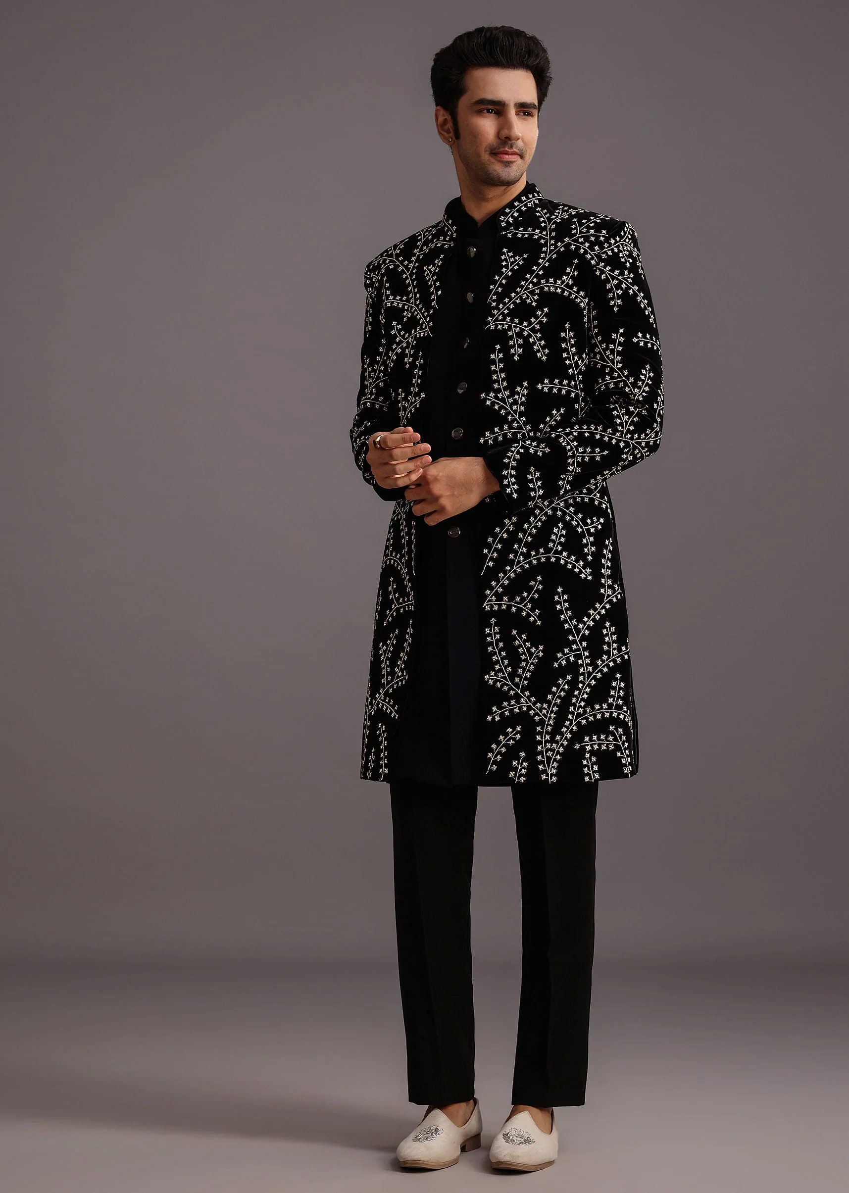 1524-black-velvet-zari-embroidered-indowestern-trouser-suit-1.webp Black Velvet Zari Embroidered Indowestern Trouser Suit