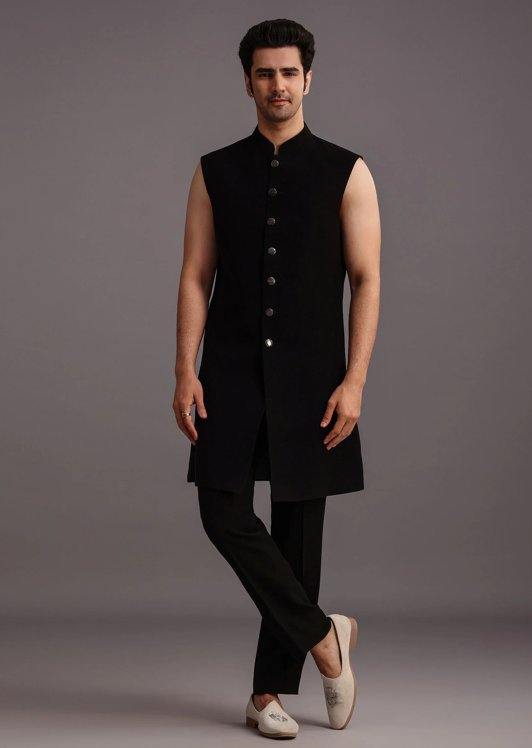 Black Velvet Zari Embroidered Indowestern Trouser Suit