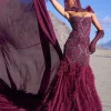 Wine Mermaid Feather Trail Gown With Embroidered Gloves And Veil