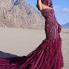 Wine Mermaid Feather Trail Gown With Embroidered Gloves And Veil
