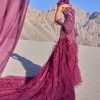 Wine Mermaid Feather Trail Gown With Embroidered Gloves And Veil