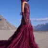 Wine Mermaid Feather Trail Gown With Embroidered Gloves And Veil