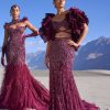 Wine Mermaid Feather Trail Gown With Embroidered Gloves And Veil