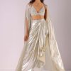 Glam Silver Embroidered Pleated Skirt And Blouse In Lycra With Organza Shrug