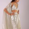 Glam Silver Embroidered Pleated Skirt And Blouse In Lycra With Organza Shrug
