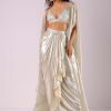 Glam Silver Embroidered Pleated Skirt And Blouse In Lycra With Organza Shrug