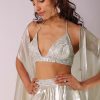 Glam Silver Embroidered Pleated Skirt And Blouse In Lycra With Organza Shrug
