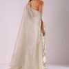 Glam Silver Embroidered Pleated Skirt And Blouse In Lycra With Organza Shrug