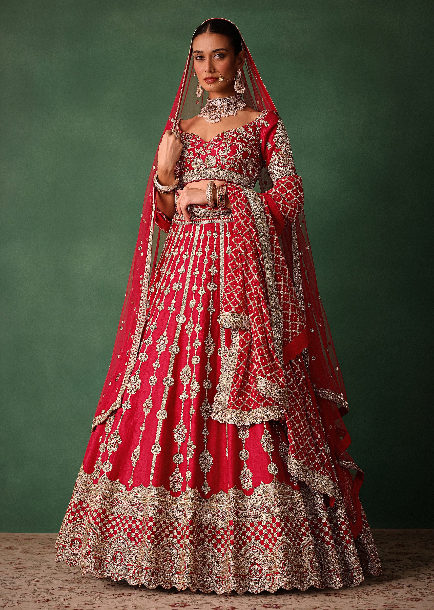 15349-red-raw-silk-hand-embroidered-lehenga-with-net-dupatta-1.jpg Red Raw Silk Hand Embroidered Lehenga With Net Dupatta