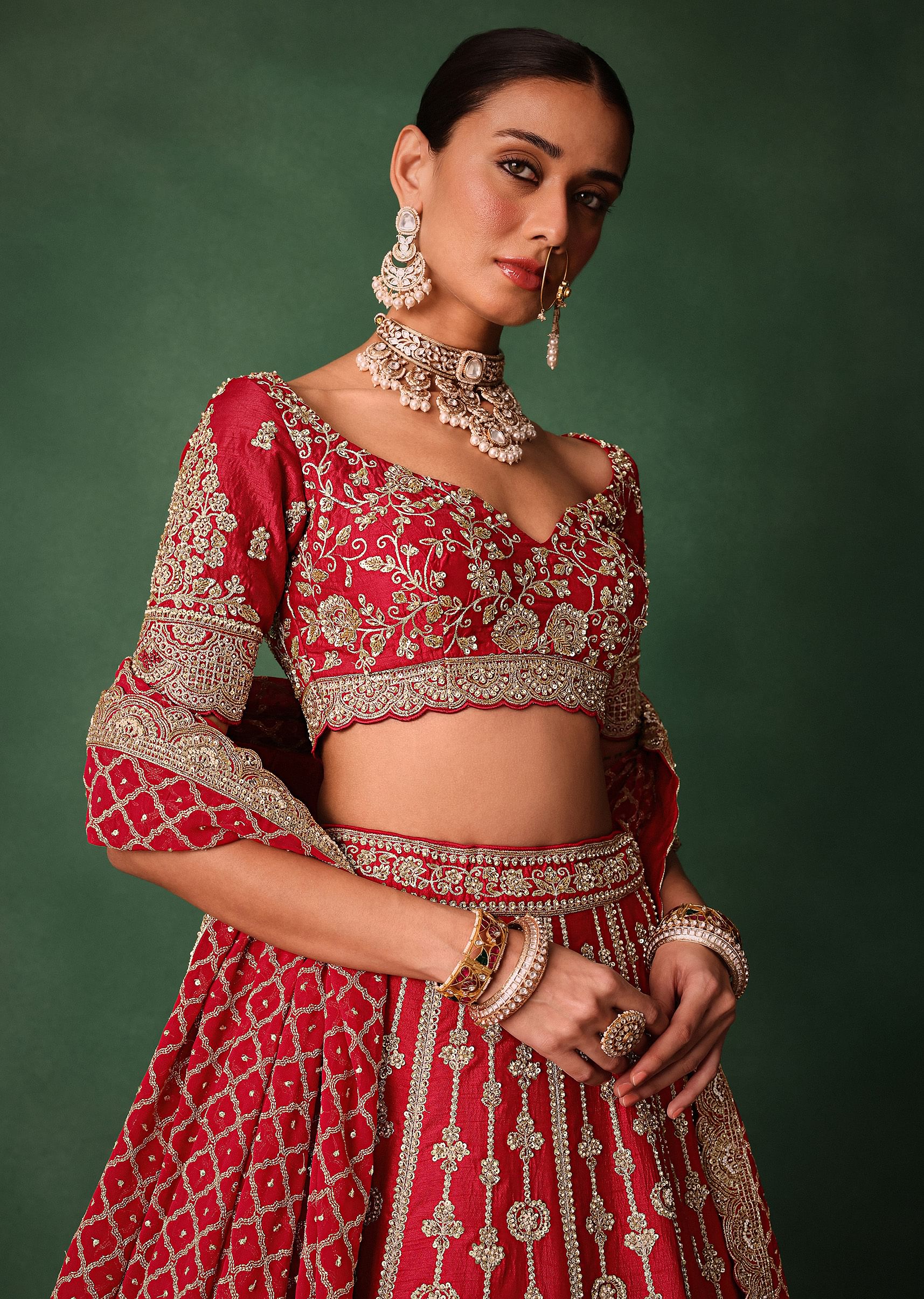 15349-red-raw-silk-hand-embroidered-lehenga-with-net-dupatta-2.jpg Red Raw Silk Hand Embroidered Lehenga With Net Dupatta