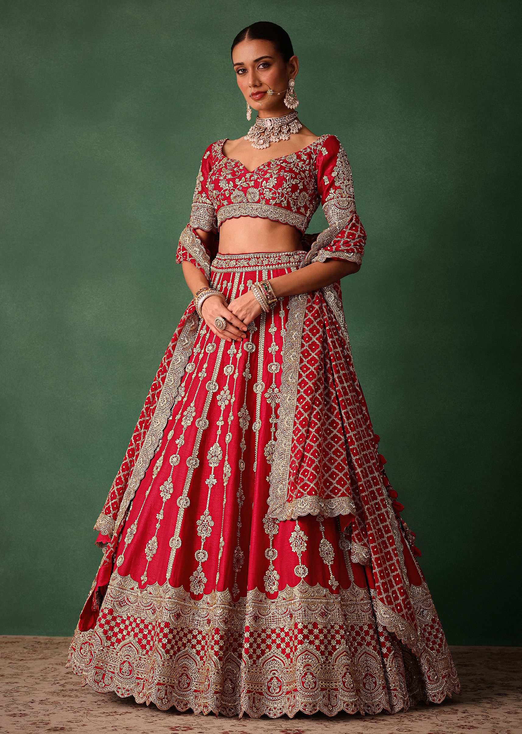 15349-red-raw-silk-hand-embroidered-lehenga-with-net-dupatta-3.jpg Red Raw Silk Hand Embroidered Lehenga With Net Dupatta