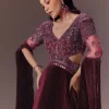 Wine Organze Flared Gown With 3D Draped Wings