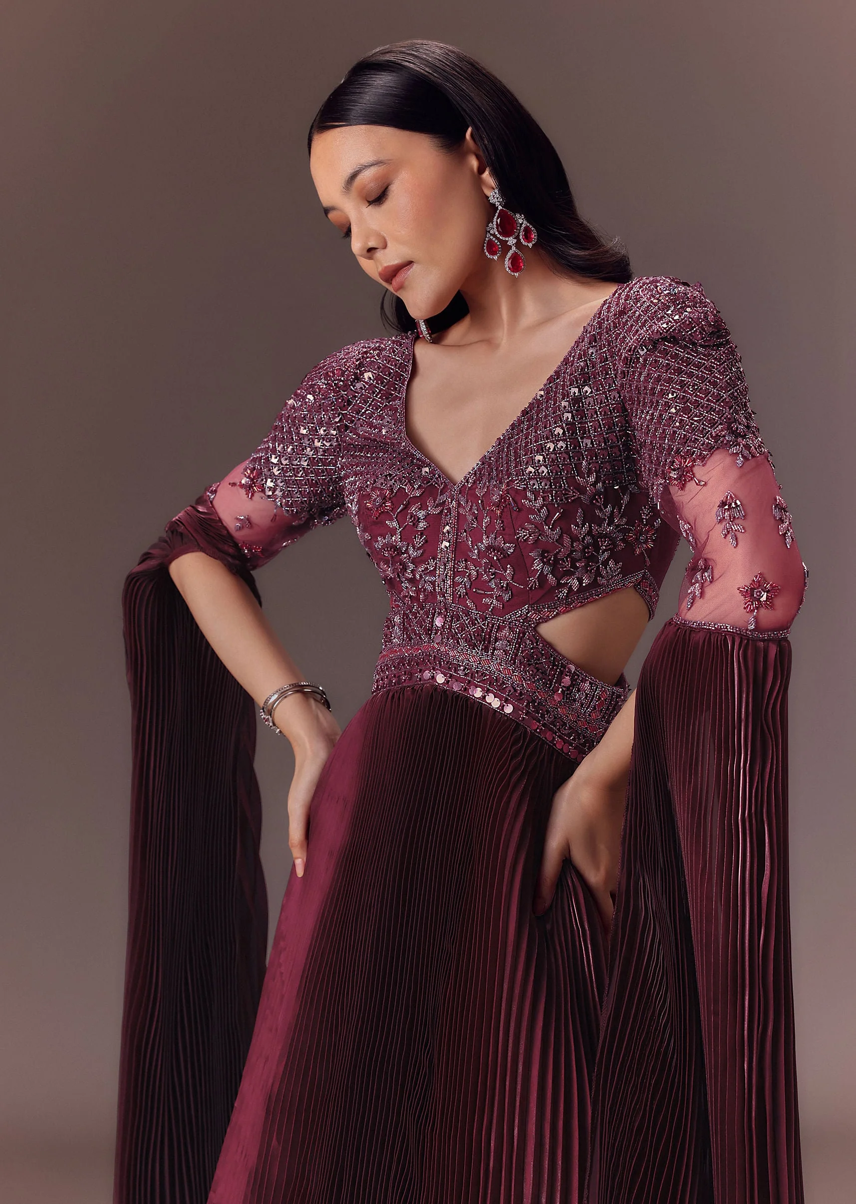 Wine Organze Flared Gown With 3D Draped Wings