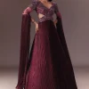 Wine Organze Flared Gown With 3D Draped Wings
