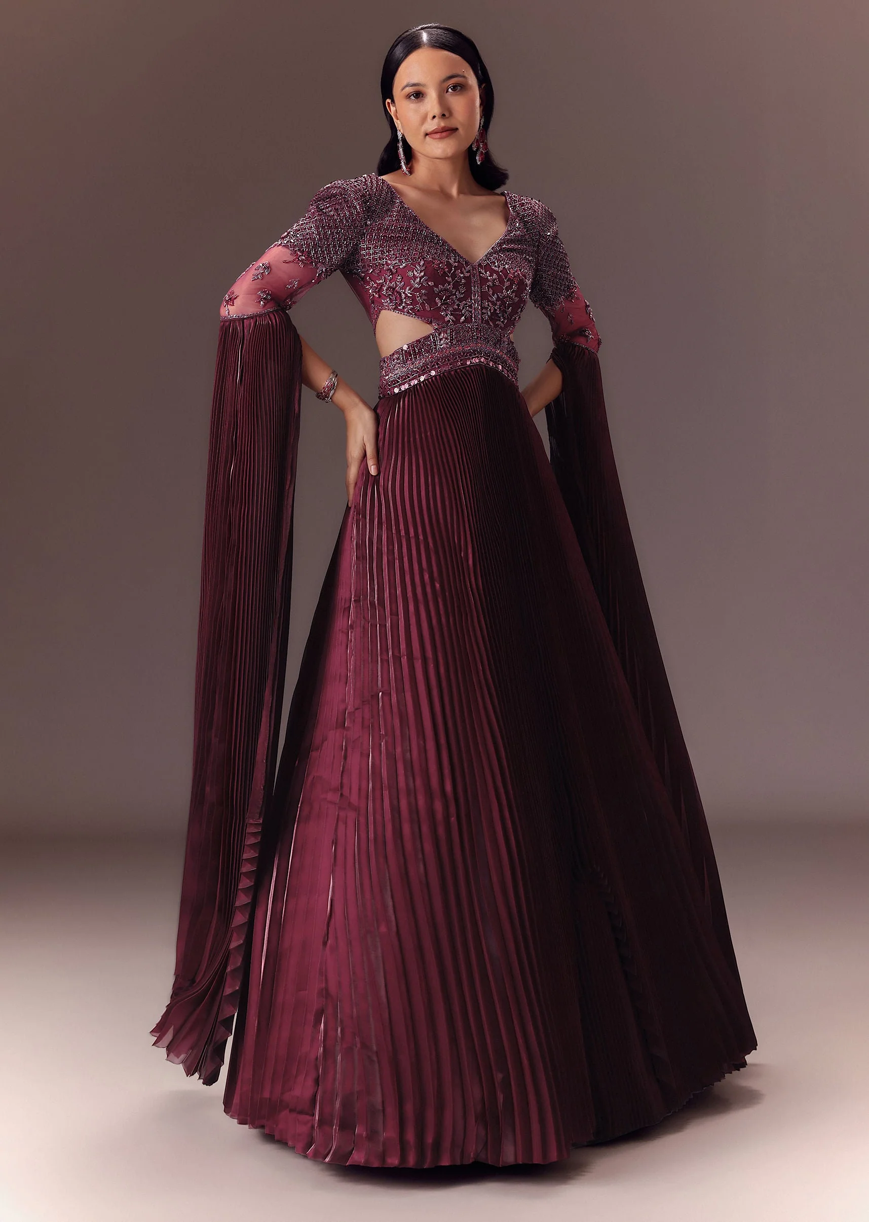 Wine Organze Flared Gown With 3D Draped Wings